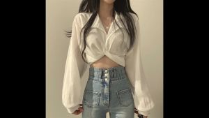 เสื้อเชิ้ต แขนยาว ผูกโบด้านหลัง เอวลอย สีพื้น เซ็กซี่ สไตล์เกาหลี