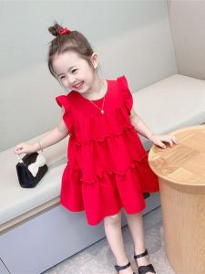Red Princess Dress for Girls Summer New Style Fairy Sleeve Cake Skirt Childrens Dress Trendy Baby Girls Clothing Cotton Material