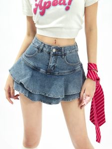 Váy Ngắn Chữ a Cạp Cao Họa Tiết Hoa Phong Cách Hàn Quốc Mùa Hè 2023 Váy Ngắn Denim Xếp Nếp Phong Cách Ngọt Ngào Phong Cách Đường Phố