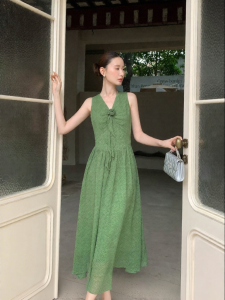 XXNING | Đầm Voan Hoa Cổ Điển Xanh Buộc eo Dài