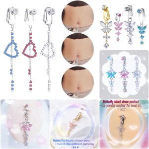Good luck coming! Non-perforated fake navel clasp various styles of pendants butterfly/heart style diamond navel accessories beach accessories slimming accessories European and American style zircon fake navel ring jewelry earrings earrings clip-1 P