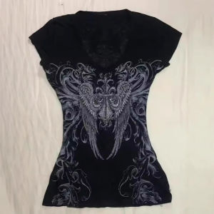 Áo Thun Nữ Tay Ngắn Ôm Body In Hình Phong Cách Y2K Thời Trang Cá Tính Kiểu Retro Chất Liệu Polyester Pha Elastane Cổ V.