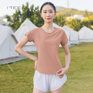 Meesu Blue Yoga Top Short Sleeve Loose Slimming Aerobic Sports Womens Gymnastics Summer T-Shirt Breathable Comfortable Fitness Clothing