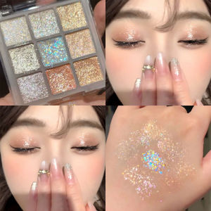 Full Pearlescent Glitter Eyeshadow Palette 9 Color Sparkling Coral Orange Sequin Shimmery Eye Shadow Highlight Powder Makeup