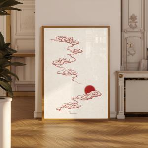 Japanese Ink Tree Poster Wabi Sabi Bonsai Wall Art Print with Red Sun Minimalist Zen Decor for Office Neutral Art Home Gift