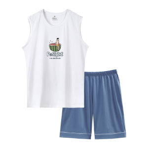 Coco Smart | Bộ đồ ngủ cotton mùa hè mỏng thoáng khí thoải mái cho bé trai quần short in họa tiết cổ tròn không tay mặc nhà