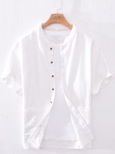 Summer Linen Casual Short Sleeve Shirt Mens Cotton-Linen Breathable Basic Solid Color Stand Collar Large Size Loose Linen Shirt