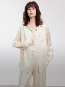 Elle Womens Peach Color Shirt 100% Acetate Fiber Commute Style Loose Fit Long Sleeve Button up Classic Collar Regular Length