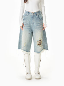 Apea | Vintage Street Holey Fringed Loose Slimming Mid-thigh Shorts