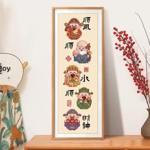 QIANHONGXIU | New Easy Style Home Cross Stitch Kit God of Wealth Fortune Longevity Auspicious Vertical