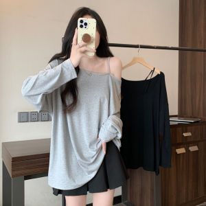 Casual Loose Shoulder Bared Long Sleeve Womens T-shirt plus Size Cover Belly Design Spring Autumn Fashion for Plump Girls