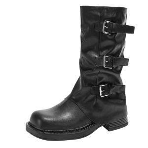 Josiny | Vintage Square Toe Medium Tube Rider Boots Thick Heel