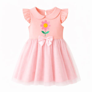 Girls Summer Pink Gingham Tutu Dress with Peter Pan Collar Ruffle Sleeve Flower Applique & Bow Cute Casual Birthday Party Wear