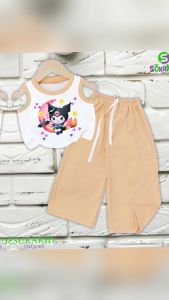Combo 3 Bộ sát nách quần ống rộng bé gái thun gân hình in kuromi mặt trăng cho bé 6kg -30kg.SNQD05