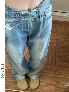 กางเกงยีนส์ทรงตรงหลวมๆ ยางยืดเอวได้ ดีไซน์สไตล์สตรีท กางเกงขายาวสำหรับผู้หญิง ทรงขากระบอก ทรงหลวม ทรงเข้ารูป