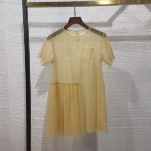 Quality Childrens Clothing Summer Dress Soft Mesh Splice Short Sleeve round Neck Skirt for Girls Ages 3-13 Polyester Fabric