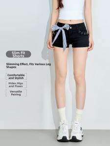 LIDIA | Studded Bow Aesthetic Denim Shorts Tapered and Flared
