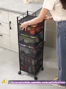 ⚡SG Delivery⚡360°Rotating Kitchen Storage Rack 3/4/5-Tier|Brake Wheels|Storage Trolley|Carbon Steel