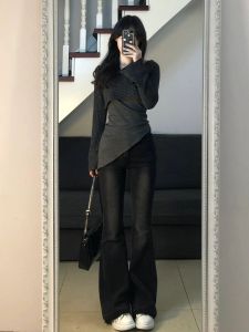 Áo Len Dệt Kim Phong Cách Hàn Quốc Gợi Cảm Dành Cho Nữ Với Thiết Kế Không Đều Cổ Điển Và Cảm Giác Cao Cấp Slim Fit Dài Tay Hút Ẩm