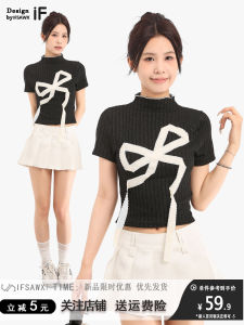 Áo Thun Nữ Tay Ngắn Cổ Cao Ôm Vừa Vặn Màu Đen Thắt Nút Bướm Mùa Hè Thiết Kế Cảm Giác Cao Cấp Quần Áo Công Sở