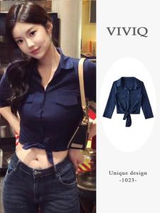 เสื้อเชิ้ตแขนยาวคอปกสไตล์ฮ่องกงสำหรับผู้หญิงในช่วงฤดูร้อนใหม่ เสื้อเชิ้ตทรงสลิมฟิตแบบสั้นเปิดด้านหน้า คอกลม สไตล์เกาหลี