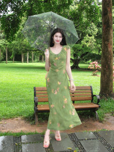 French Style Green Floral Short Sleeve Fitted Flared Dress