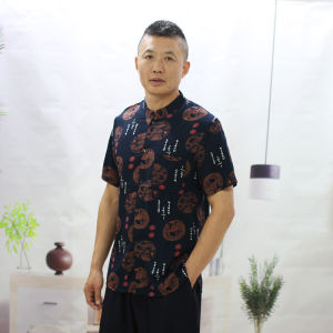 Summer Middle Aged Mens Cotton Silk Tops Men Short Sleeve Shirt Loose Cardigan Dad Rayon Plus Size Thin