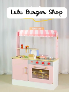 JewelRaes Lulu Burger Shop Playset for Kids with Complete Accessories - Big Wooden Toys Pink Burger Shop