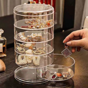 Rotating Jewelry Storage Box with Cover Makeup Storage Rack Bracelet Earring Round Plastic Organizer Boxes Holder Display Rack