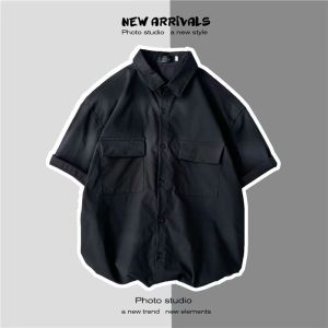 Mens Summer Thin Short Sleeve Work Shirt Casual Loose Couple Outerwear Hong Kong Style Trendy Brand Lightweight Shirt