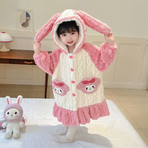Princess Style Coral Fleece Childrens Sleep Robe with Hat Autumn Winter Home Clothes Little Girls Plush Robe Warm Cozy Kids Gown
