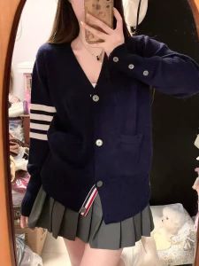 Loose Easiest for Match Preppy Style Retro Contrast Color Three Bars V Neck Sweaters Cardigan Female Spring & Fall Winter Coat Tops