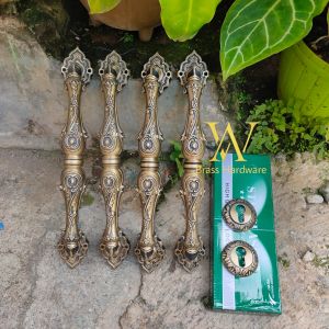 Gagang Pintu Rumah Kuningan Kunci Motif Telpon Ukir Antik 38 cm 4 Pcs