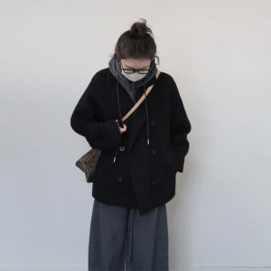 2025 Winter New Arrival Womens Thickened Short Woolen Coat Black Unique Stylish Korean Style Button Pocket Pure Color Jacket