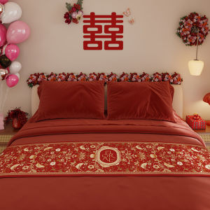 Quạt Giường Cưới Đỏ Trang Trí Phòng Cưới Khăn Trải Giường Quạt Giường Khách Sạn Nhà Hàng Bằng Kíp Hoa Họa Tiết Mùa Thu Đông