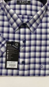 OWEN SALE - Áo Sơ Mi Owen Tay Ngắn Màu Tím - Trắng  Họa Tiết Caro Form Body Fit Lai Ngang Chính Hãng