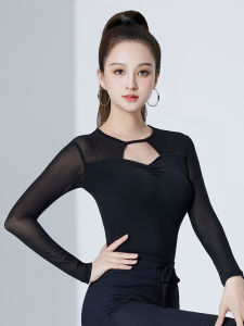 New Latin Dance Top Womens Modern Dance Clothing Hollow out Mesh Social Dance Practice Uniform Long Sleeve round Neck Fitness Sportswear