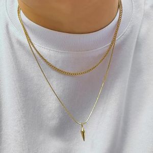 Vintage Punk Snake Chain Necklace Stainless Steel Cuban Link with Metal Rivet Pendant Stylish Fashion Accessory for Men