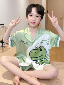 New 2025 Childrens Summer Sleepwear Ice Silk Thin Short Sleeve Boys Teenage Boy Mid-Size Childrens Set Cartoon Style Polyester Fiber