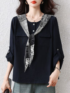 Large Size September Ink Field Long Sleeve round Neck Printed Scarf Design Womens Shirt Casual Loose Fit Comfortable Polyester