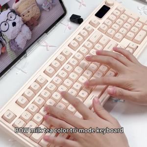 BOW RGB Backlit Three-mode Keyboard Type-c Rechargeable Milk Tea Color Wired/Wireless Bluetooth Connect Quiet Office for Desktop Laptop