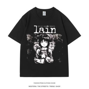 Lain Short Sleeve Loose Fit Cotton T-Shirt Cyberpunk Anime Japanese Style round Neck Hipster Boy Summer Fashion Teenager