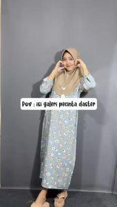 (DASTER Free HIJAB) - Midi Dress set hijab - daster rayon motif daster lengan 3⁄4 Bumil Busui friendly