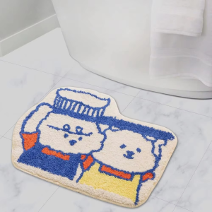 VIKAMA Pastel Minimal Line Art Bear Bunny Floor Mat Irregular Outline Shape Non Slip Fluffy Shower Bathroom Decor