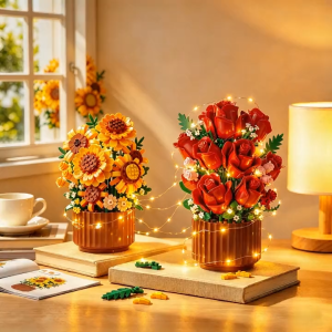 Mini Potted Flower Building Blocks Red Rose Sunflower DIY Bricks Bouquet Decorative Assembly Toys