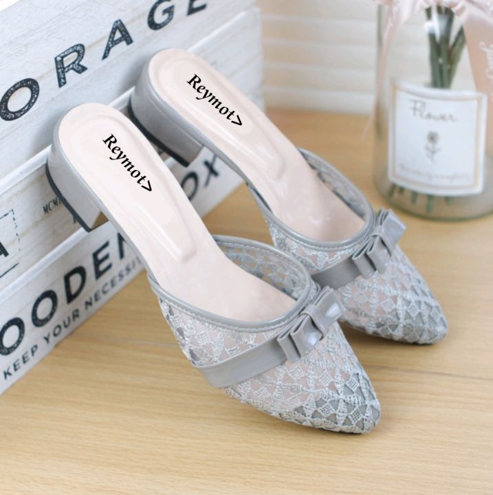 sandal sepatu heels brukat wanita hak tahu 3cm motif pita tumpuk