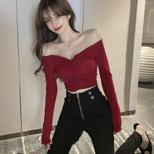 Spicy Off-Shoulder Long Sleeve T-Shirt Womens Casual K-Style Slim Fit Cotton Polyurethane Elastic Fiber Open Back Work Clothing