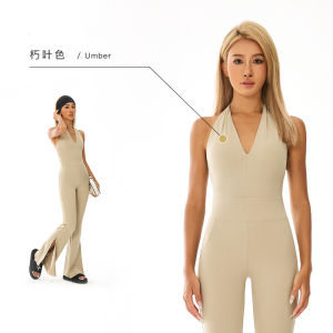 High Elastic Fitness Yoga Suit Set Womens Summer Long Sleeveless Neck Hanging Fitness Sports Wear High Waist Bell Bottoms