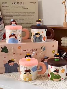 Cốc ghép đôi phong cách retro Tặng quà thật ý nghĩa uống nước cà phê kèm ống hút thủy tinh QLB