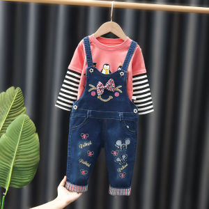Spring Autumn Denim Overalls Baby Girl Childrens Clothing Set High Waist Long Pants Breathable Cotton Blend Outfit for Toddlers